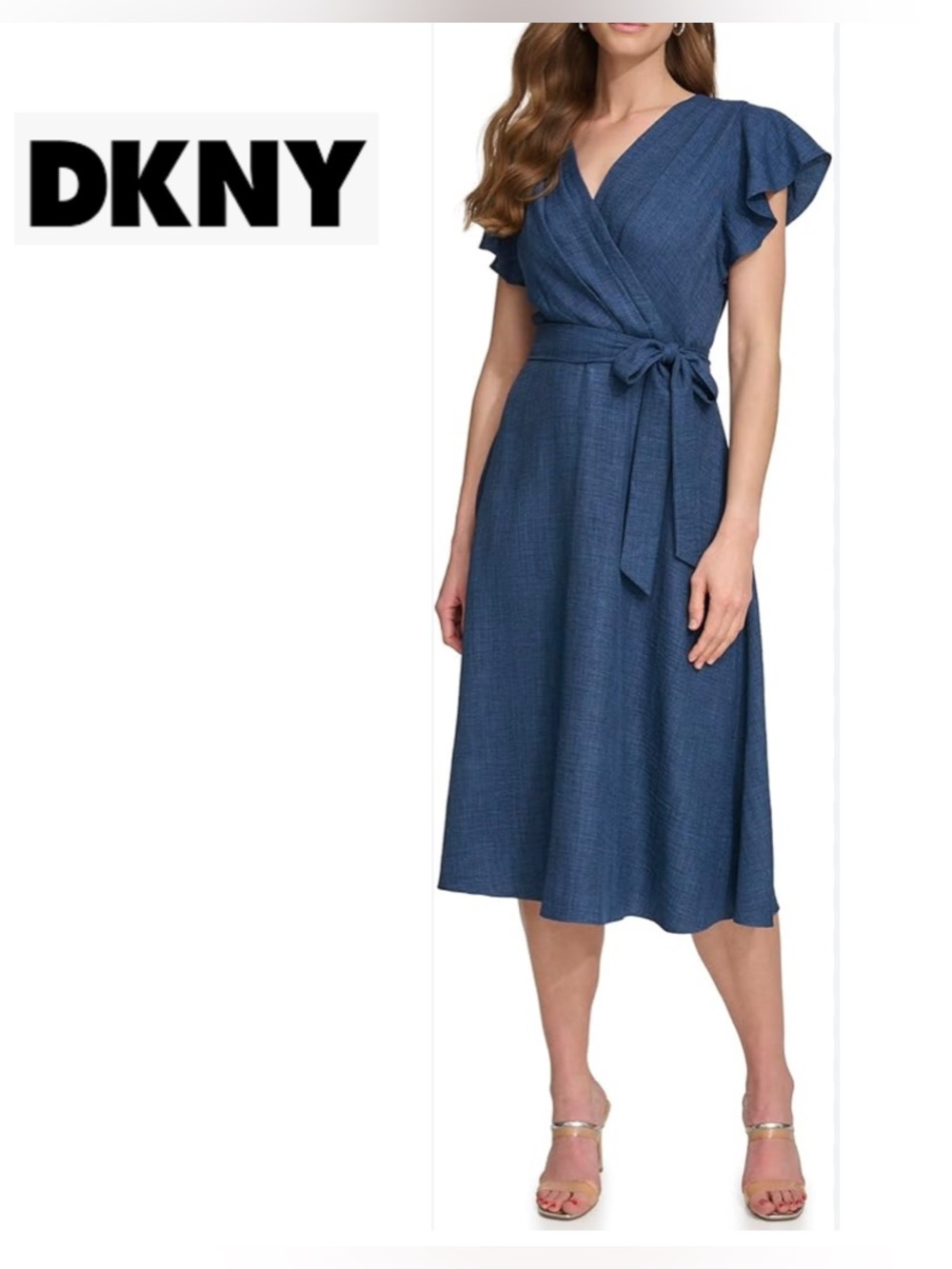 DKNY Chambray Blue Wrap Midi Dress with Tie Waist